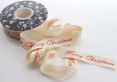 MERRY XMAS 25MM COTTON RIBBON NATURAL W/RED 25M