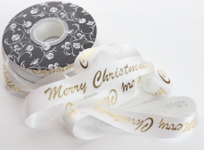 MERRY XMAS 25MM DOUBLE SIDED SATIN WHI W/GOLD 30M