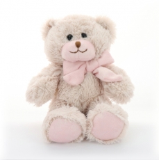PINK BEAR WITH BROWN BOW 18CM SITTING
