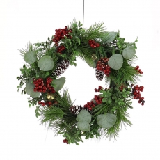 40CM CEDAR & EUCALYPT WREATH WITH RED BERRIES