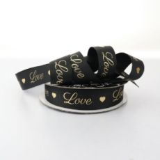 25MM GROSGRAIN 25M BLACK WITH GOLD FOIL LOVE