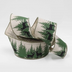 63MM WIRED EDGE LINEN RIBBON 10YDS FOREST