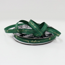 9MM GROSGRAIN MERRY CHRISTMS GOLD PRINT 25M GREEN