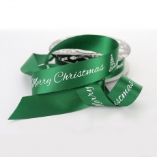 MERRY CHRISTMAS W/TREE 25MM DOUBLE SIDED SATIN 30M GREEN